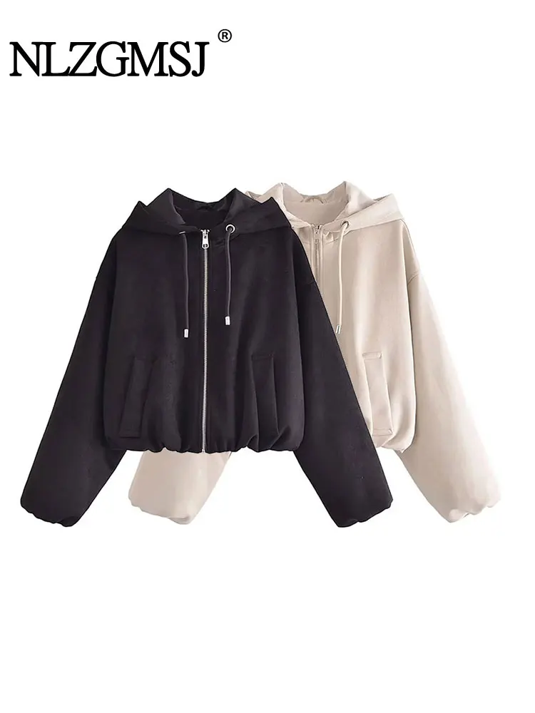 

TRAF 2023 Winter Oversize Women Bomber Jacket Long Sleeve Hooded suede jacket Zipper Female Crop Top Y2K