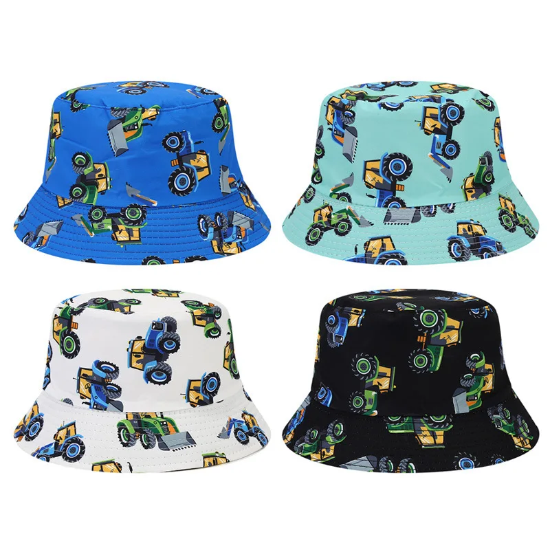 Outdoor Sun Hat Bocca Children Cartoon Bucket Hat Pattern Fisherman Hats Bulldozer Toy Panama Cap Boy Kids 54cm Double Sides Sunscreen