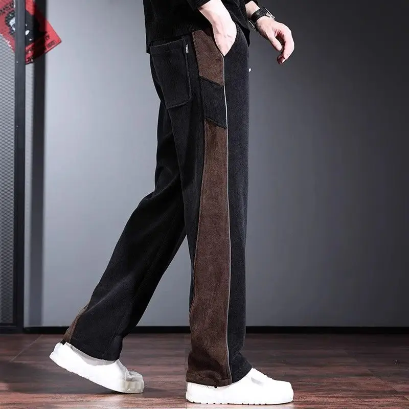 Summer New Fashion Versatile American Patchwork Straight Pants Men's Solid Elastic Waist Drawstring Pocket Loose Casual Trousers