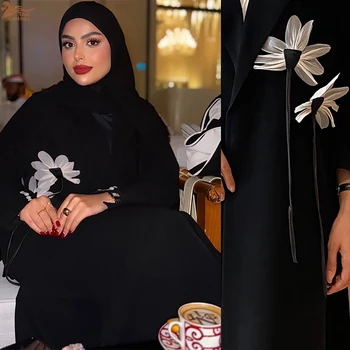 Zahraa Uni New Dubai Floral Decoration Open Abaya Cardigan Elegant Loose Caftan Marocain Femme Kaftan 1