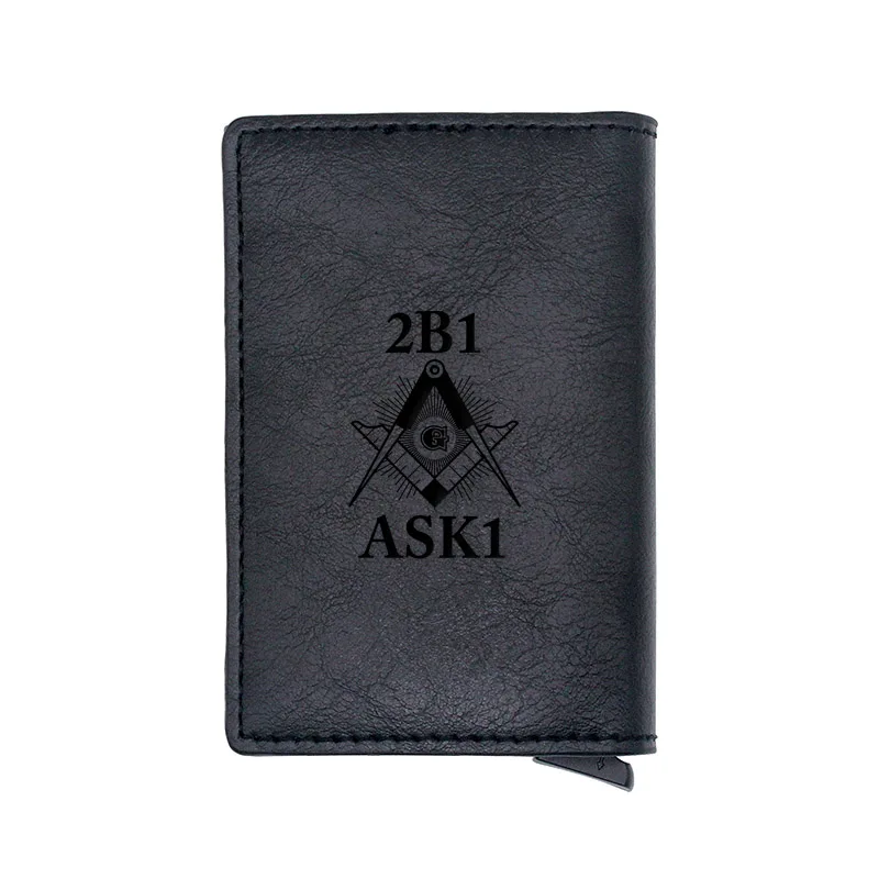 Classic Laser Engraving Freemasonry 2BI ASK1 Credit Card Holder Men Women Metal RFID Aluminium Box PU Leather Wallet BA402