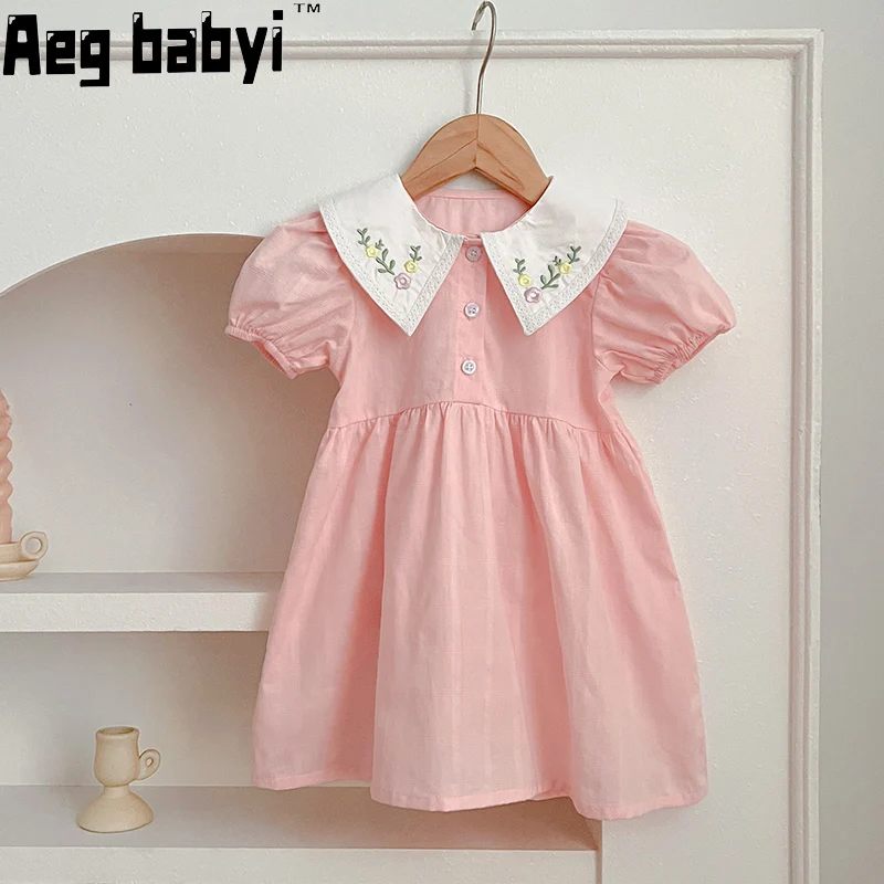 

Baby Girls Clothes Kids Summer New Baby Girls Short Sleeve ​Dress Flower Embroidered Collar Pink Princess Dress