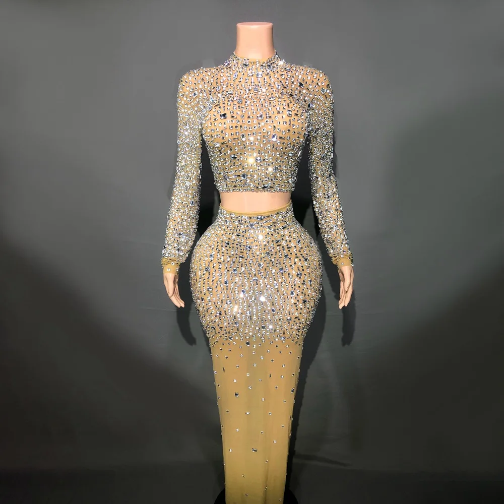 Sparkly Rhinestones Top Long Skirt Sexy Transparent Stretchy Two Pieces Set Celebrate Evening Prom Gown Birthday Dress for Women custom made champagne men suits groom suit wedding 2018 tuxedos groomsmen prom wear costumes homme 3 pieces jacket pants vest