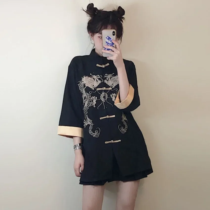 

Black Gothic Tang Suit Shirt Dress for Girls Women Chinese Traditional Blouse Single Breasted Dragon Embroidery Jacket Coat