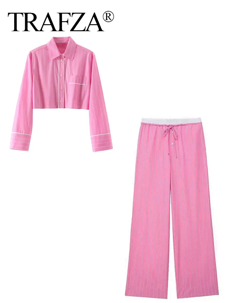 TRAFZA Women Sweet Pink Stripe Blouse Pant Sets Button Long Sleeve Cropped Shirt Patchwork Drawstring Straight Trousers TRAF
