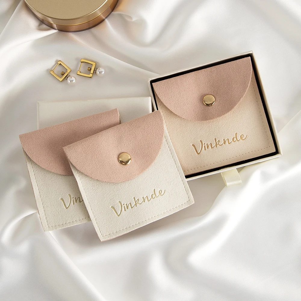 Custom Logo Microfiber Jewelry Bag Snap Button Suede Velvet Pouch for Ring Earrings Necklace Wedding Gift Organizer Box Storage