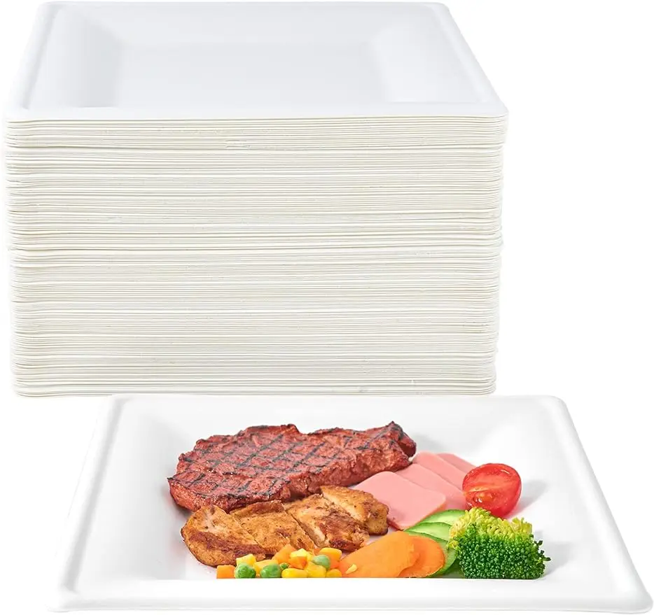 

ECOLipak 150 Pieces Compostable Square Paper Plates, 10 inch Heavy Duty Disposable Plates, Eco-friendly Biodegradable Sugarcane