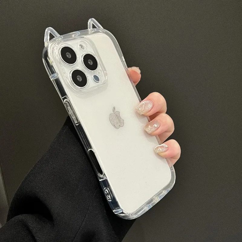 Charming Cartoon Cat Ear Silicone Shockproof Phone Case - Transparent Cover