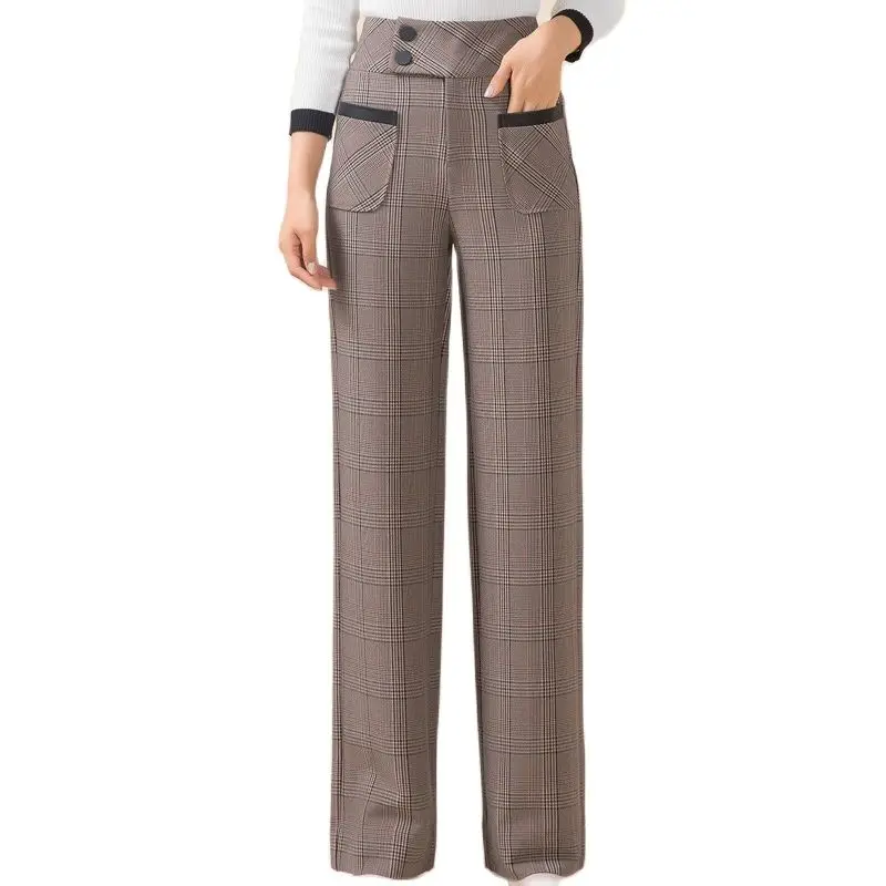 

YUEY New British Style Retro Women Plaid Pants Female Autumn Winter Fashion High Waist Straight Highstreet Office Lady Trousers