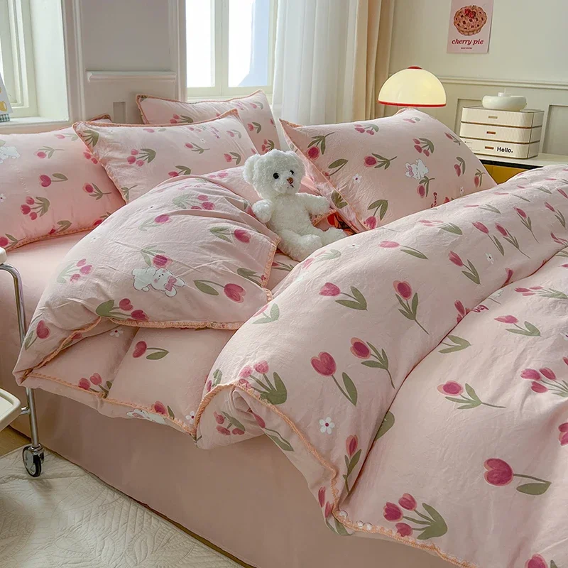 

Pink Tulip Double Layer Yarn Quilt Cover Bed Sheet Pillowcase Twin Queen Size Bedding Set Girls Women Duvet Cover Set No Filler