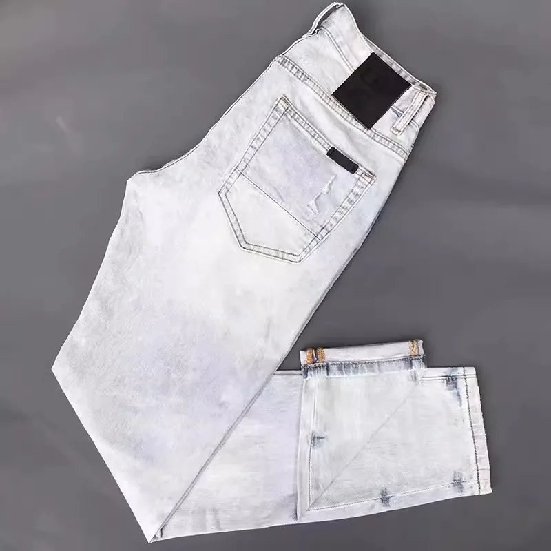 Street Fashion Men Jeans Retro Light Blue Stretch Slim Fit Hip Hop Ripped Jeans Men Patched Designer Vintage Denim Pants Hombre