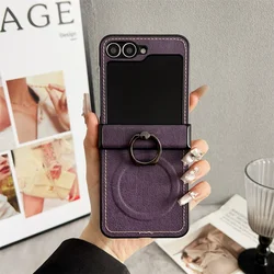Luxury Lychee Pattern Leather MagSafe Wireless Charging Case with Ring Holder and Hinge Cover for Samsung zflip7 (PURPLE)