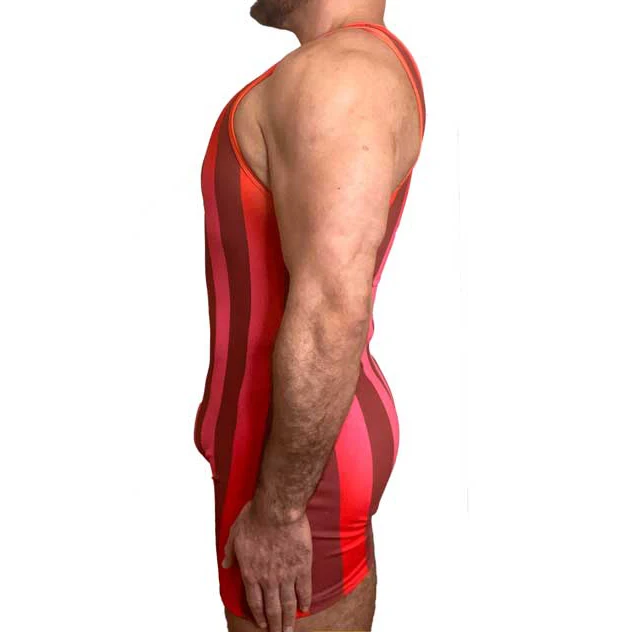 Red Vertical Stripes Wrestling Singlet Bodysuit Leotard Outfit GYM PowerLifting Swimming Running Weightlifting Skinsuit
