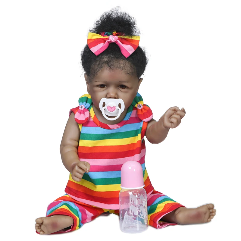 

22inch Reborn saskia black Doll curly hair Girl Full Vinyl Silicone and Cloth Body Optional African American Bebe Bonecas Gift