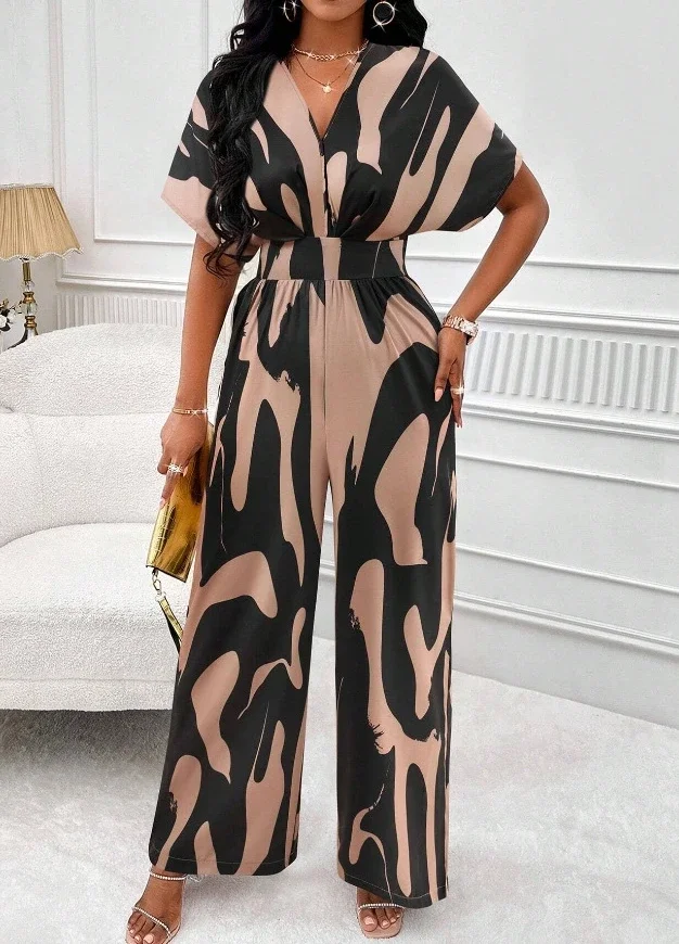 

Jumpsuit Women 2023 Summer Fashion Print Bat Sleeves Casual V-Neck Short Sleeve Elastic Waist Daily Wide Leg Jumpsuit Streetwear