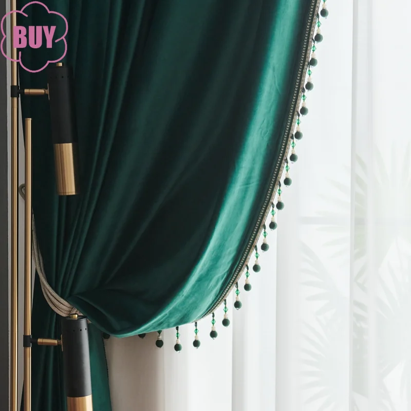 2024 New Curtains for Living Dining Room Bedroom Dark Green Velvet Curtain European Light Luxury Velvet Cloth French Window