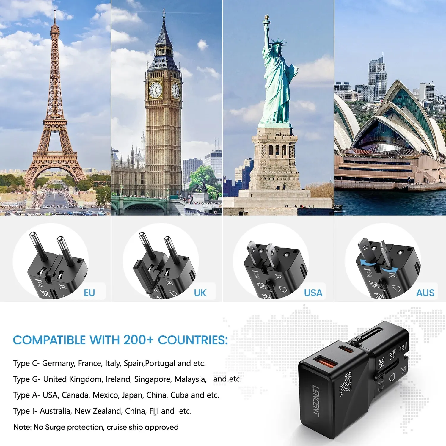 LENCENT Universal Travel Adapter With1 USB QC 3.0 Port and 1 PD 20W Type C Fast Charger Power Adapter for US EU UK AUS Travel BEST SELLERS LENCENT Universal Travel Adapter With1 USB QC 3.0 Port and 1 PD 20W Type C Fast Charger Power Adapter for US EU UK AUS Travel BEST SELLERS