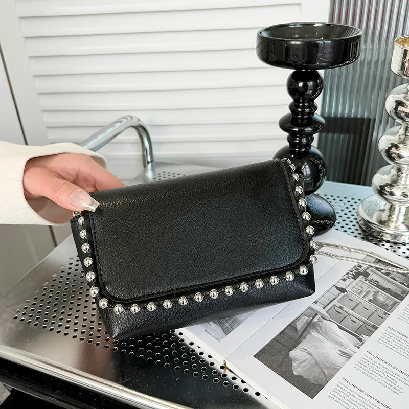 Fashion Rivet Crossbody Bags for Women Luxury Beading Shoulder Bag Black PU Leather Handbags Chains Flap Lipstick Phone Purses