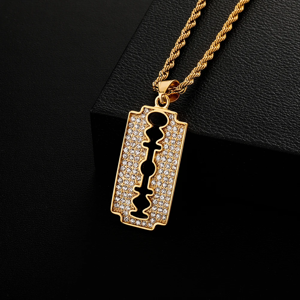 TOPGRILLZ Stainless Steel Safety Blade Razor Pendant Necklace with Zirconia Hip Hop Punk Jewelry For Men Small Dangling Choker