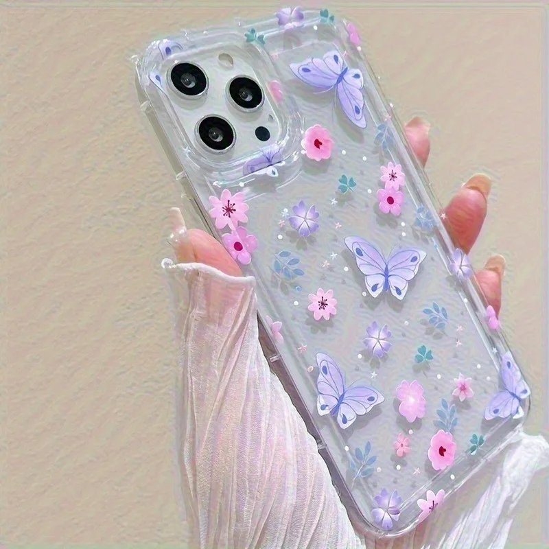 Elegant Pink & Purple Butterfly Floral Transparent Anti-Drop TPU Phone Case - Ideal Gift for Holidays & Special Occasions