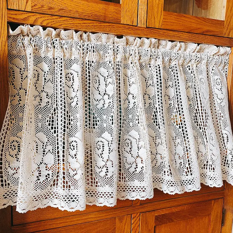 American Country Crochet Hollow Short Curtains for Roman Window Kitchen Manual Rose Lace Half Curtains Valance #A036 6