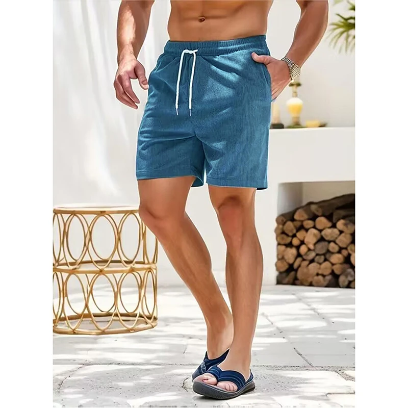 New Solid Colour Lace-Up Sweatpants Corduroy Simple Knee-length Shorts Men's Shorts Elastic Waisted Casual Summer Shorts