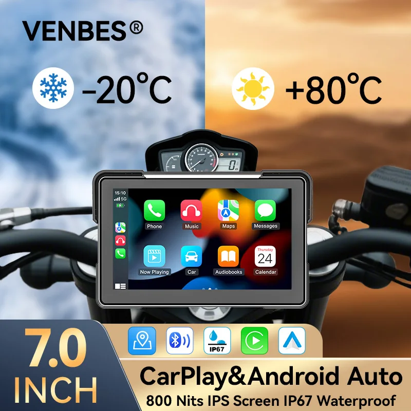 VENBES Motorcycle Carplay Screen Android Auto Carplay 7 inch Waterproof Bluetooth Daul DVR GPS Navigation