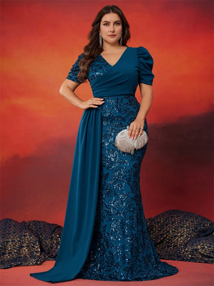 فستان سهرة أنيق مقاس كبير مزين بالترتر على شكل حرف...