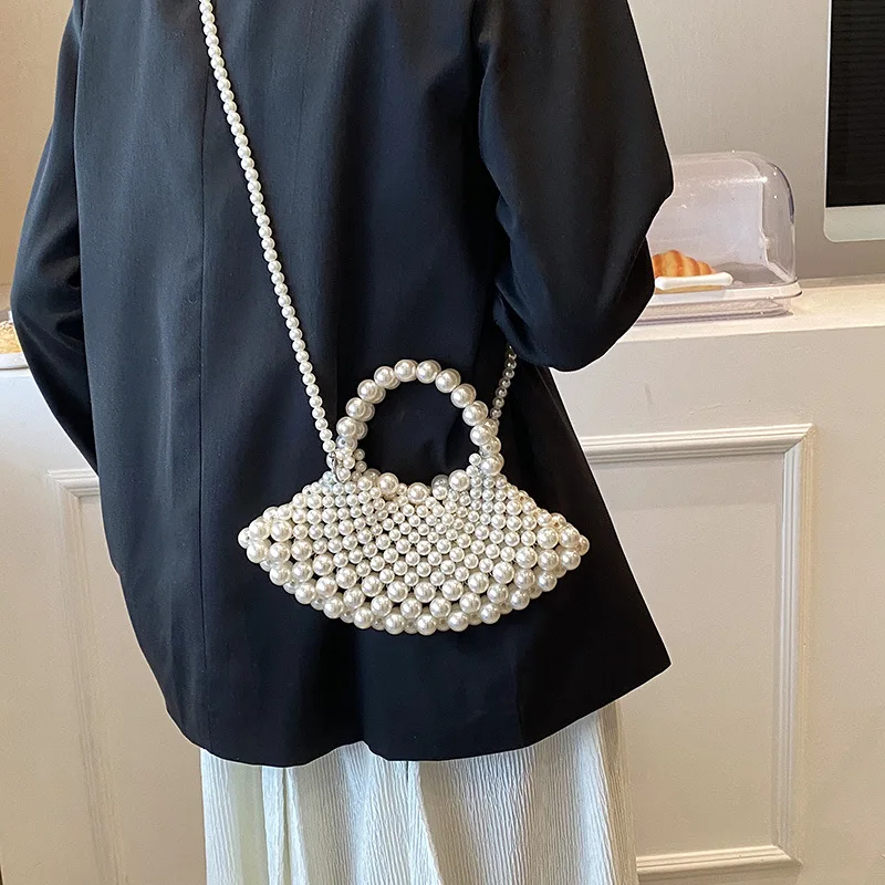 2024 Spring Summer Fashion Ladies Handbags Hand-weave Pearl Beaded Shoulder Bag For Women Bohemia Party Clutches Crossbody Purse