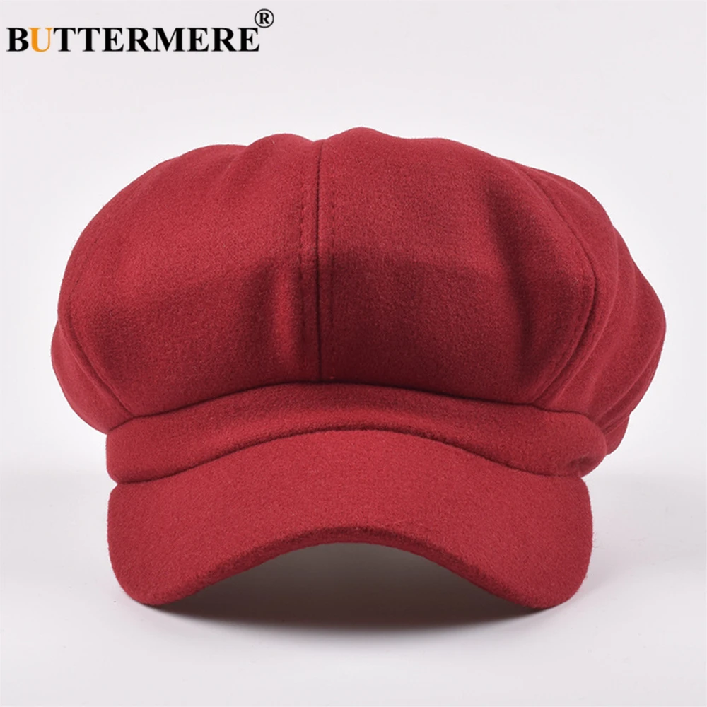 BUTTERMERE Wool Newsboy Cap Red Hats for Women Solid Ladies Baker Boy Hat Female Beret Brand Autumn Winter Vintage Octagonal Cap