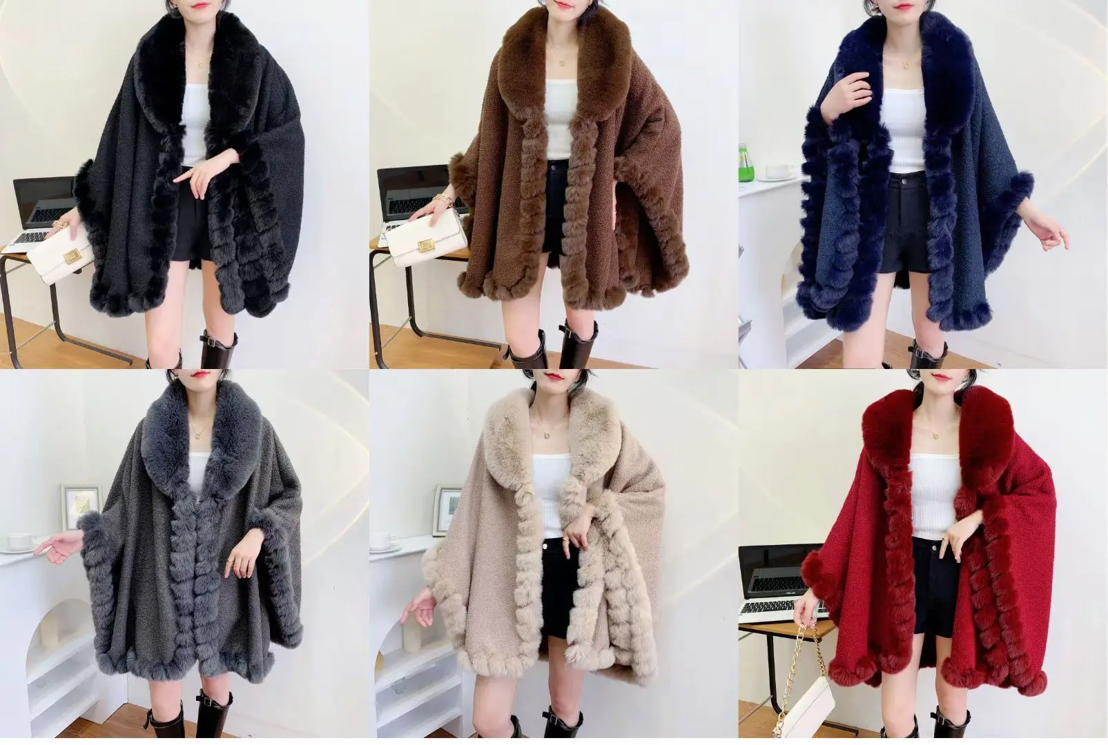 Women Winter Hole Roll Big Turn-down Faux Fur Collar Poncho Streetwear Loose Capes Teddy Velvet Cloak Big Pendulum Shawl Coat