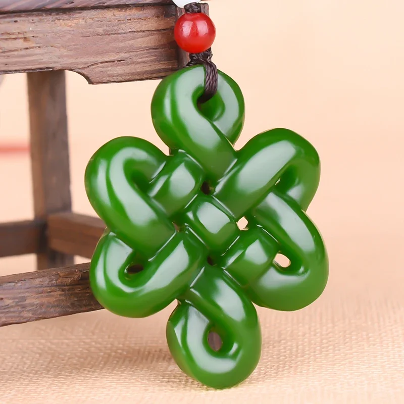 Natural Green White Jade Chinese Knot Pendant Beads Necklace Charm Jewelry Double-sided Hollow Carved Amulet Gifts for Her