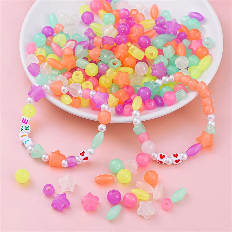 Children Acrylic Colorful Spacer Beads Luminous for Jewellery Marking Necklace Bracelet Accessories DIY Handmade Girl Making Toy fosmeteor 100pcs lot 10mm acrylic spacer beads letter beads square alphabet beads for jewelry making diy handmade accessories