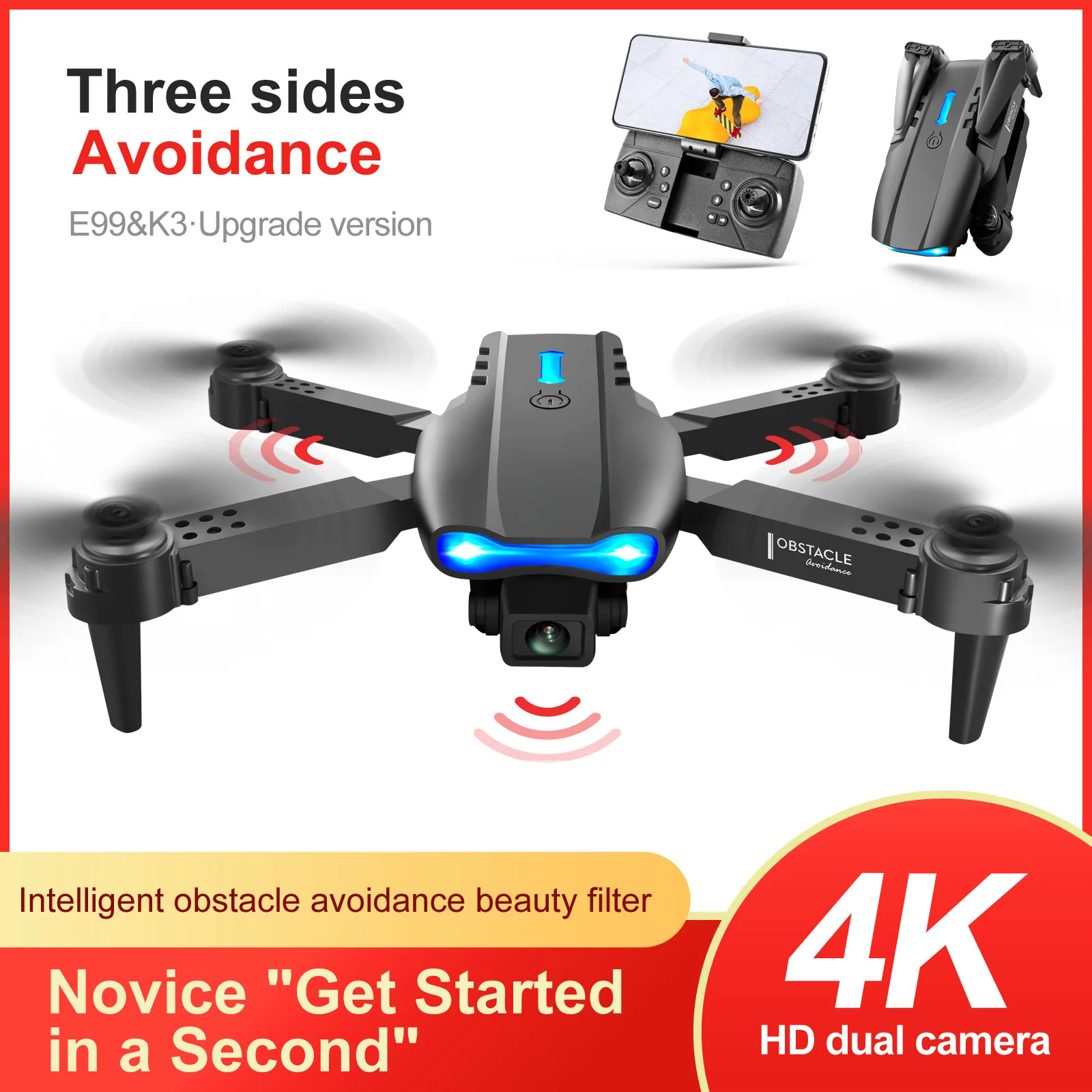 Drone de transport protection orange avec caméra HD survolant un champ, prêt pour une livraison rapide.