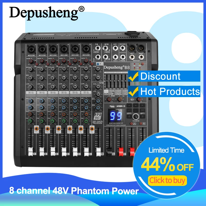 8 Channels Audio Mixer Depusheng B8 Sound Table Professional DJ Mixing  Console Built in 99 DSP Digital Effects 48V Phantom Power