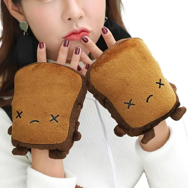 

1Pair USB Cute Panda Toast Shape Warm Gloves Heated Hand Warmer Heating Half Finger Winter Warm Gloves For Office Christmas Gift