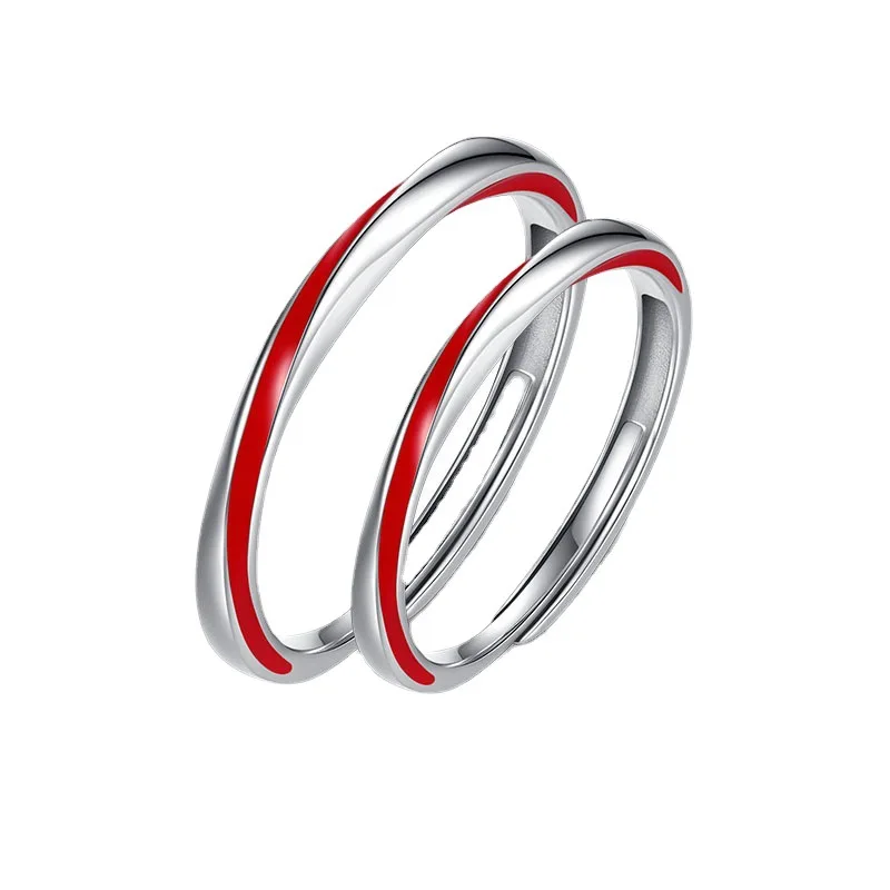 Personalized Simple Red Line For Man Women White And Red Color Design Round Line Opening Couple Ring Jewelry Wedding Gift
