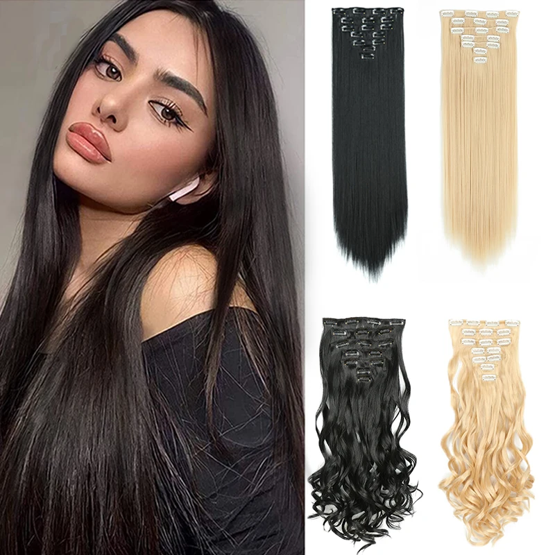 

7pcs/set 16 Clips in Hair Extension for Women 24inch Long Straight Blonde Synthetic Natural Fibre Fake Hair Piece Hair Extension