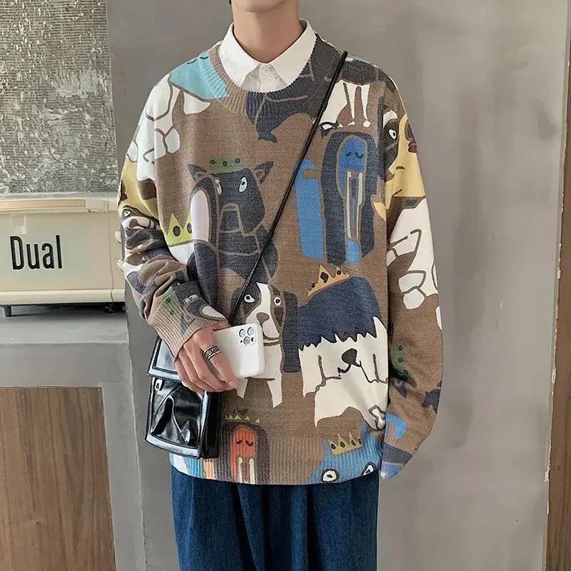 Men's sweater knitted long-sleeved round neck trend loose pullover autumn retro versatile color collision personality sweater