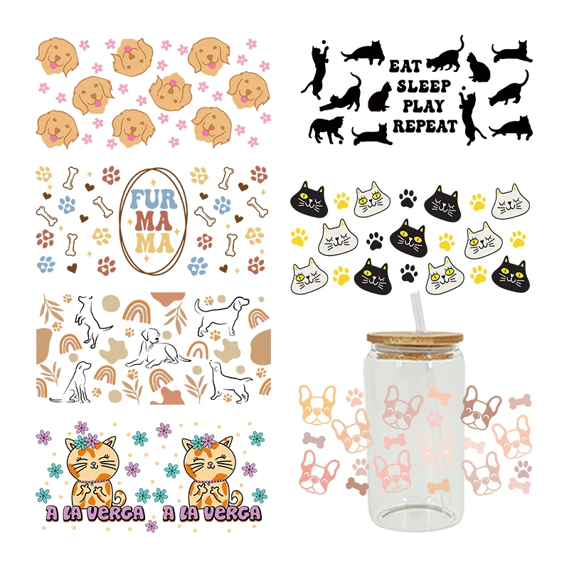

UV DTF Dogs, cats Transfer Happy Juice Printed Sticker For The 16oz Libbey Glasses Wraps Bottles D7695