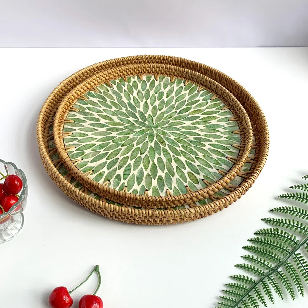 1pc Round Rattan Tray Hand Woven Basket Home Decor Organizer Rattan Tray Wicker Basket for Home Kitchen Table Decor