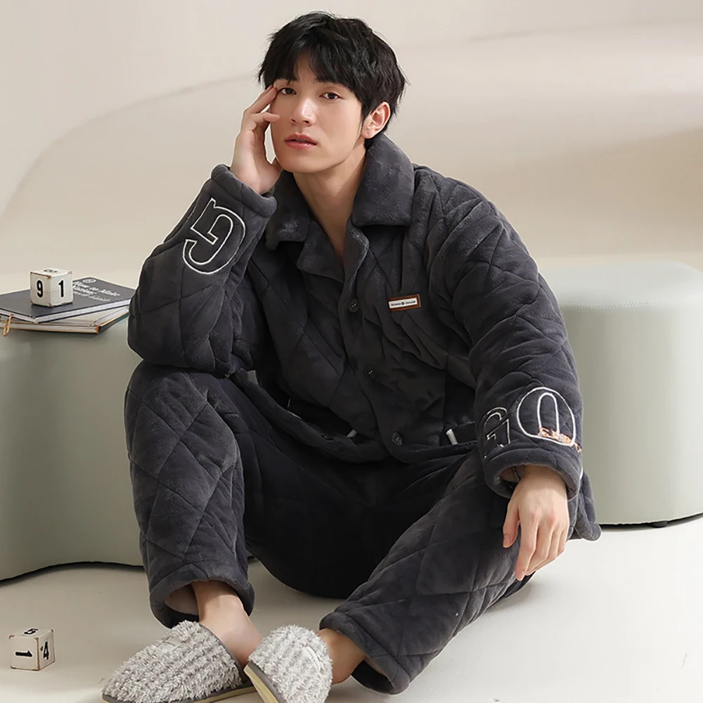 Big Size Pajamas for Men 3-layer Super Thicken Coral Fleece Men's Winter Pajamas Sets Fashion Patchwork Sleepwear Pijama Hombre