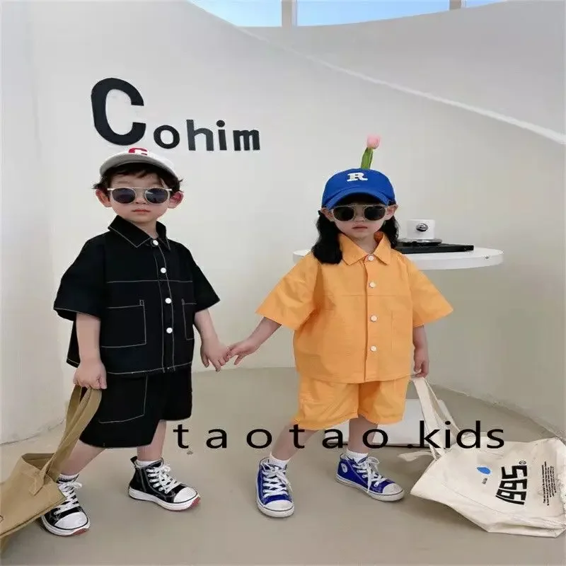 2-9Y Boys Girls Workwear Style Short Sleeve Cotton Set Summer Baby Fashion Korean Two Piece Casual Shirt+Shorts Outfits