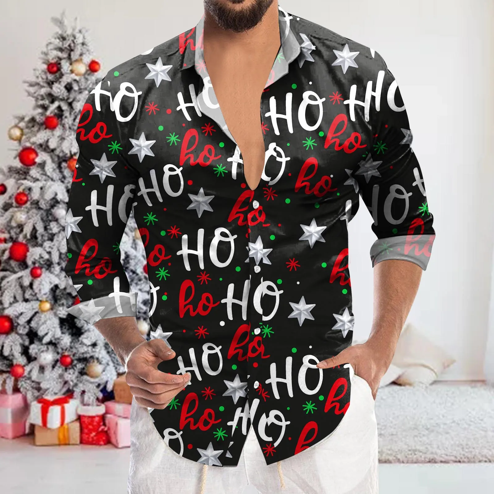 Mens Christmas Shirts Letter Printed Long Sleeve Turn Down Collar Blouse Xmas Fitness Stylish Business Xmas Party Shirts Male