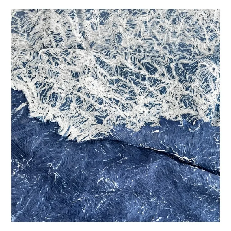 Pleated Texture Fabric Water Wave Crepe Lake Blue Designer Arts Crafts Sewing Wholesale Cloth Diy Pure Polyester Material