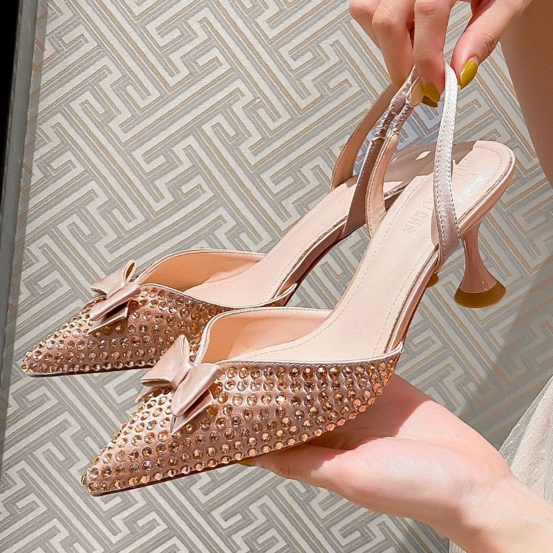 

Pointed Rhinestone Bow Sandals Women's 2022 New Shallow Mouth Hollow Wine Cup Heel High Heels