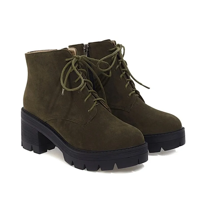 winter The New fashion British style Lace boots black ArmyGreen brown Round head Handsome High heels Women boots