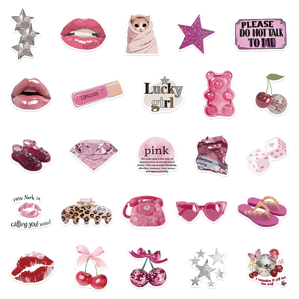 55 Stück Rosa Y2K Mädchen Aufkleber Wasserfest PVC Geschenk Cartoon Dekorationen Scrapbook Notizbuch Tasche Wasserflasche Handyhülle DIY Sticker – Detail 2