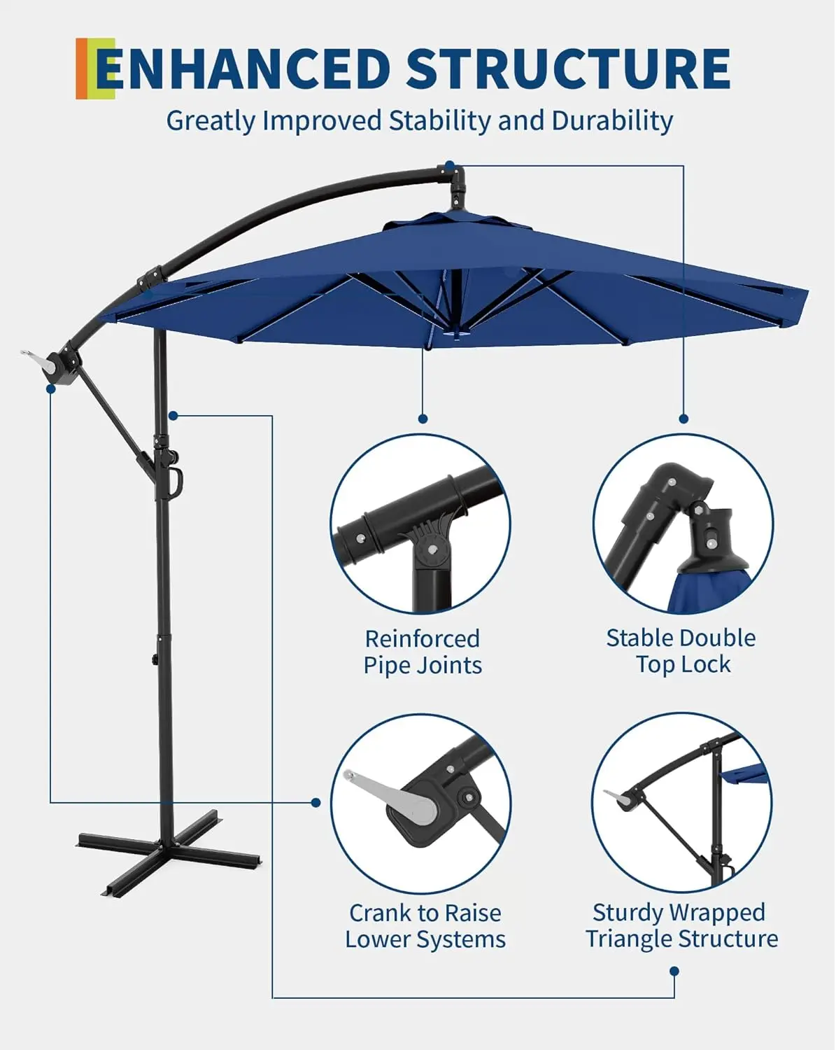 10FT Cantilever Patio Umbrella with Cross Base,Outdoor Offset Market Umbrella with Infinite Tilt &Crank Lift,Outside Umbrellas