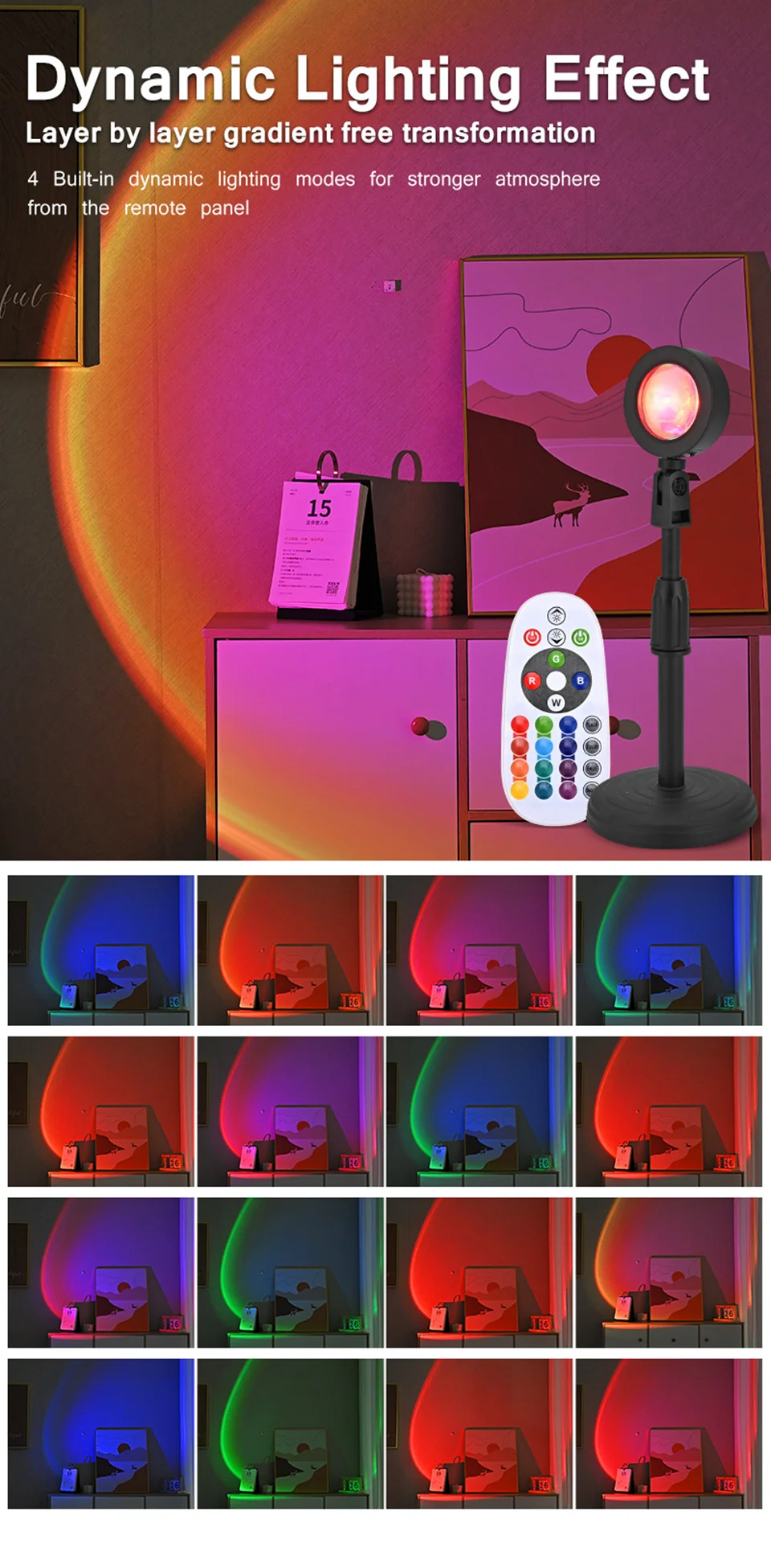 16 Colors Sunset Light USB LED Projection Desk Lamp Remote RGB Night Light Ambient Lighting for Photography Party Room Decor